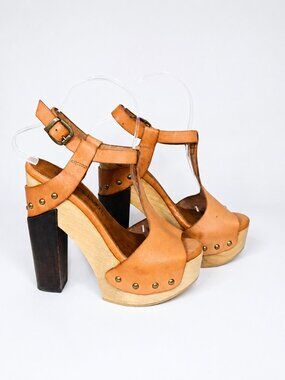 Y2K Sixtyseven Unreleased Sample Tan Leather Studded Platform T Strap Heels 37